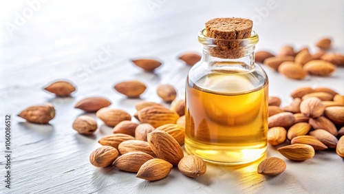 Sweet almond massage oil in a clear bottle on a white background