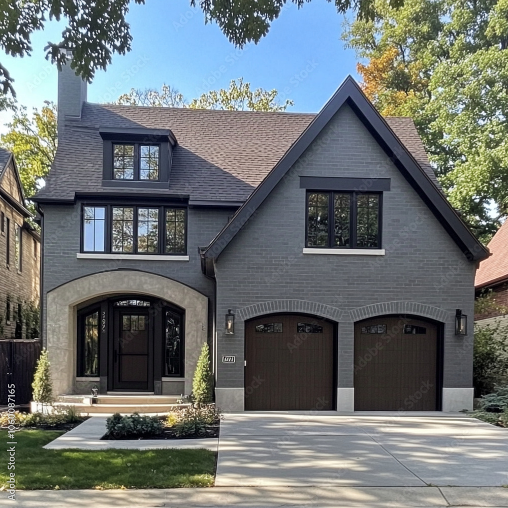 A house made of grey stucco with a brown roof, black trim, and dark brown garage doors. A house made of grey stucco with a brown roof, black trim, and dark brown garage doors.