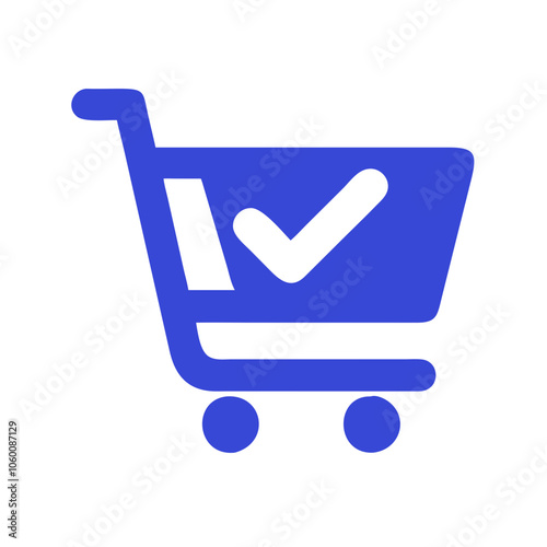 Blue shopping cart icon with checkmark on white background

