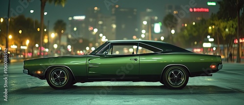 A classic green muscle car parked on an urban street at night with blurred city lights in the background.