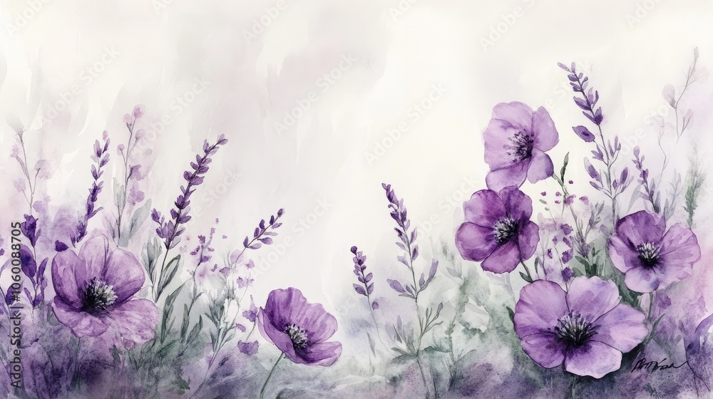 Obraz premium Elegant Watercolor Painting of Purple Wildflowers and Lavender on a Soft Pastel Background