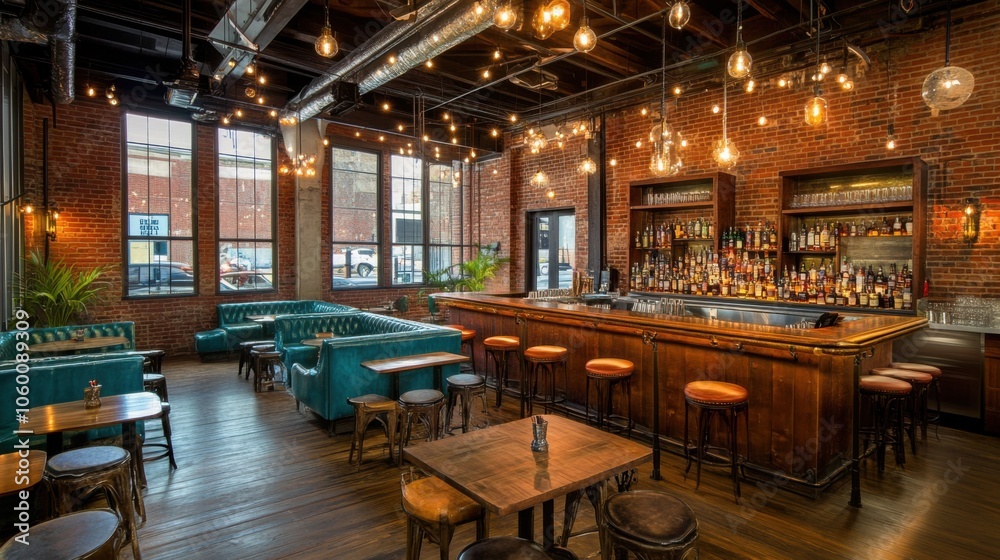 Fototapeta premium Elegant Bar Interior with Wood Accents and Warm Lighting