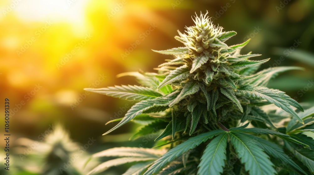 close up of cannabis plant showcasing its vibrant green leaves and dense buds, illuminated by warm sunlight, creating serene and natural atmosphere close up of cannabis plant showcasing its vibrant green leaves and dense buds, illuminated by warm sunlight, creating serene and natural atmosphere