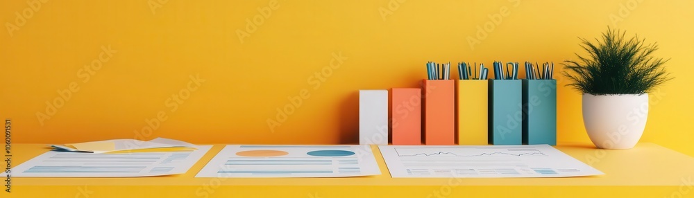 Fototapeta premium A bright workspace featuring colorful stationery, organized documents, and a potted plant against a cheerful yellow background.