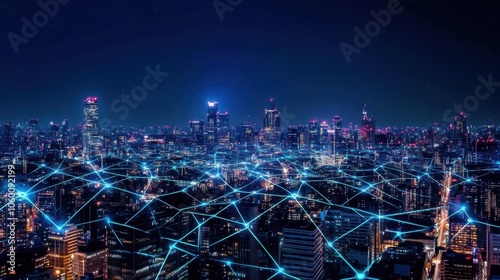 Wallpaper Mural A vibrant cityscape at night with digital network connections. Torontodigital.ca