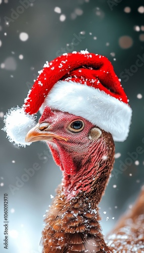 Festive winter turkey donning a santa hat amidst a scenic winter wonderland landscape photo