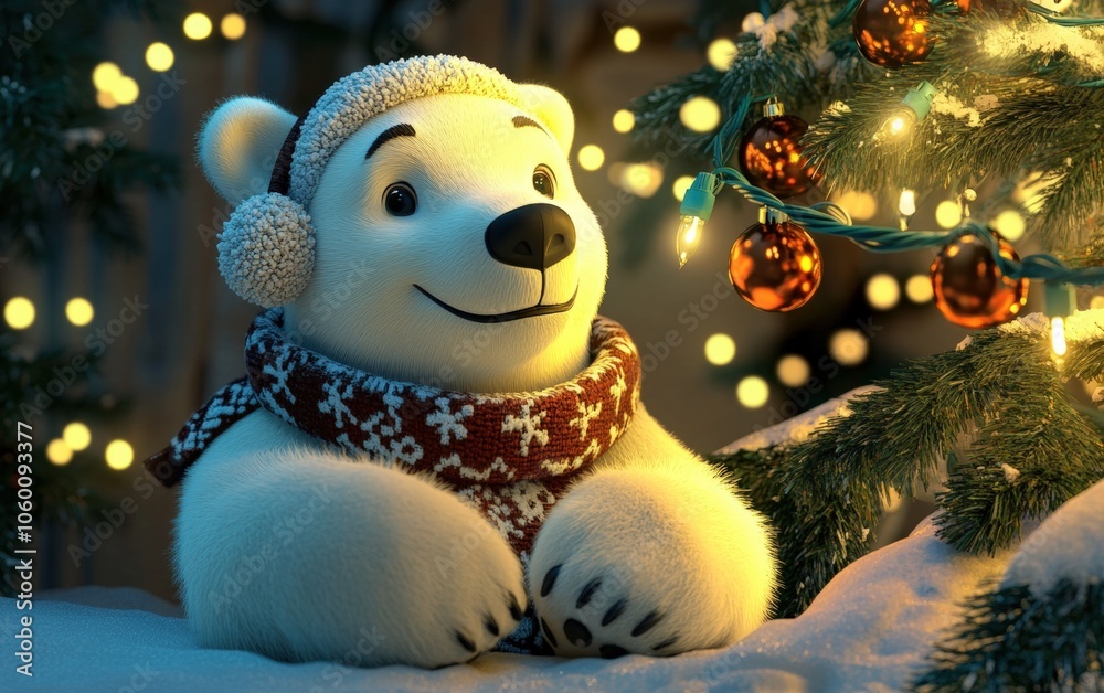 Obraz premium Festive 3D Polar Bear: A 3D cartoon polar bear wearing earmuffs and a cozy scarf, sitting by a Christmas tree with holiday lights 