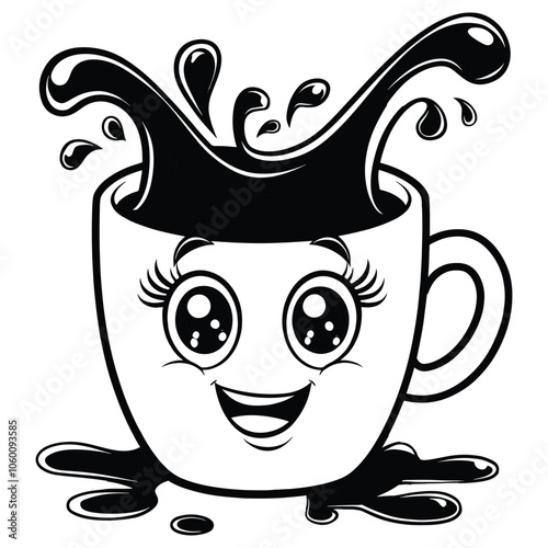 A black and white drawing of a cup of coffee with a shocked face 