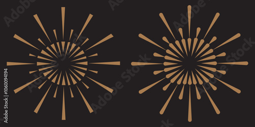 Set of light rays, sunburst and rays of sun. Design elements, linear drawing, vintage hipster style. Set light rays sunburst different size and saturation on light backround. Vector Illustration