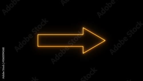 Neon, Glowing right arrow icon on black background. Bright Neon Glowing Right Arrow Icon on a Sleek Black Background for Digital Signage and Modern UI