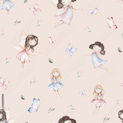 Fairy and Flowers watercolor seamless girls nursery pattern. Cartoon pink magic girl baby background. Faitytale textile art photo