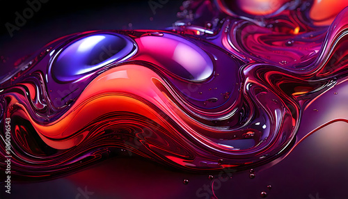 Abstract art fluid shapes reflecting red purple yellow  light and color with a gloss.