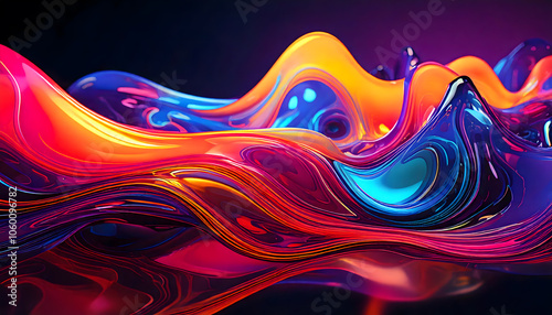 Abstract art fluid shapes reflecting red purple yellow  light and color with a gloss.