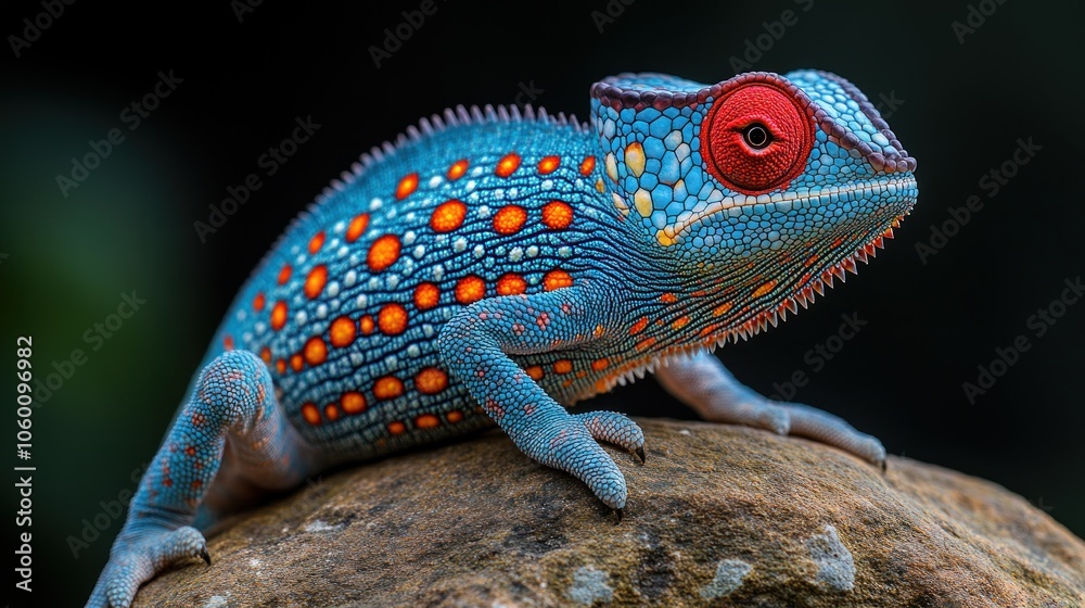 Fototapeta premium A vibrant blue chameleon with red and orange spots perches on a rock, its red eye gazing intently at the viewer.