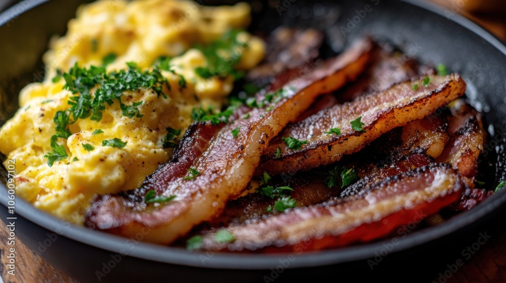 Fototapeta premium A pan of sizzling bacon strips, crispy and golden, served with a side of scrambled eggs
