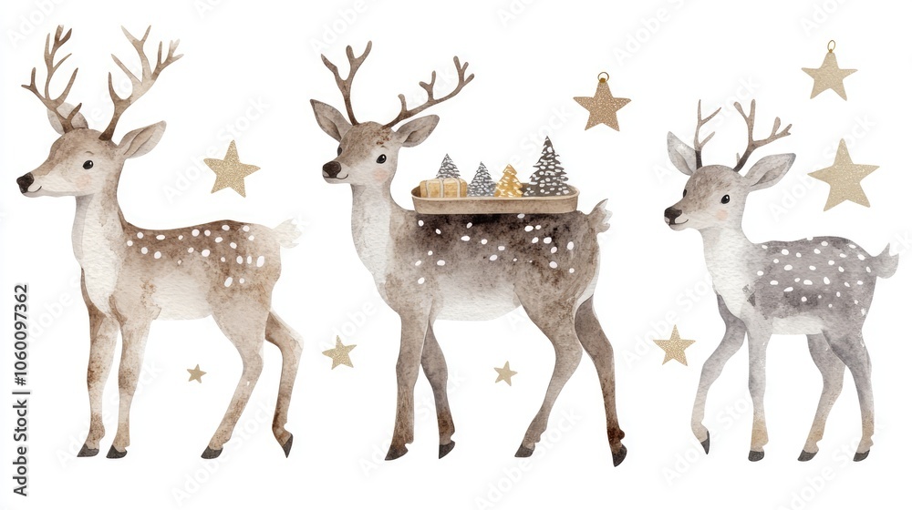 Obraz premium Cute Watercolor Reindeers with Decorative Elements