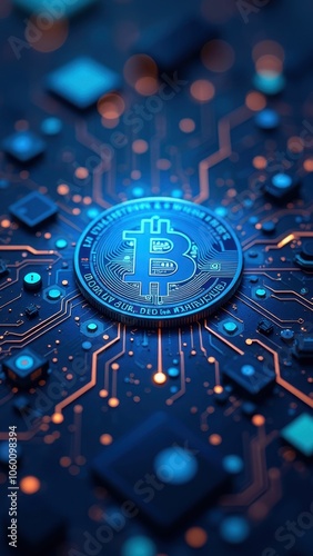 Bitcoin symbol on a coin located on a circuit board.