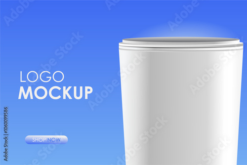 Realistic blank paper cup mockup with double sided walls. Coffee to go, remove cup. Vector illustration isolated on BLUE background. 