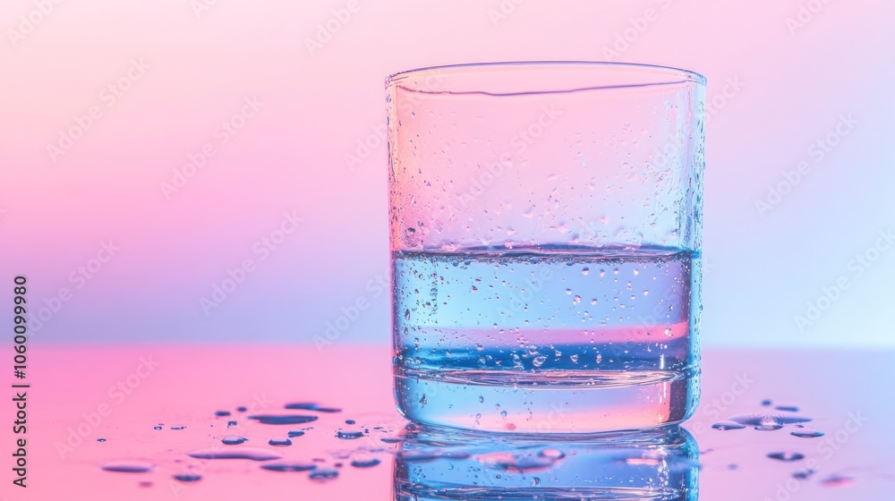 A glass of water with condensation droplets on a colorful background.