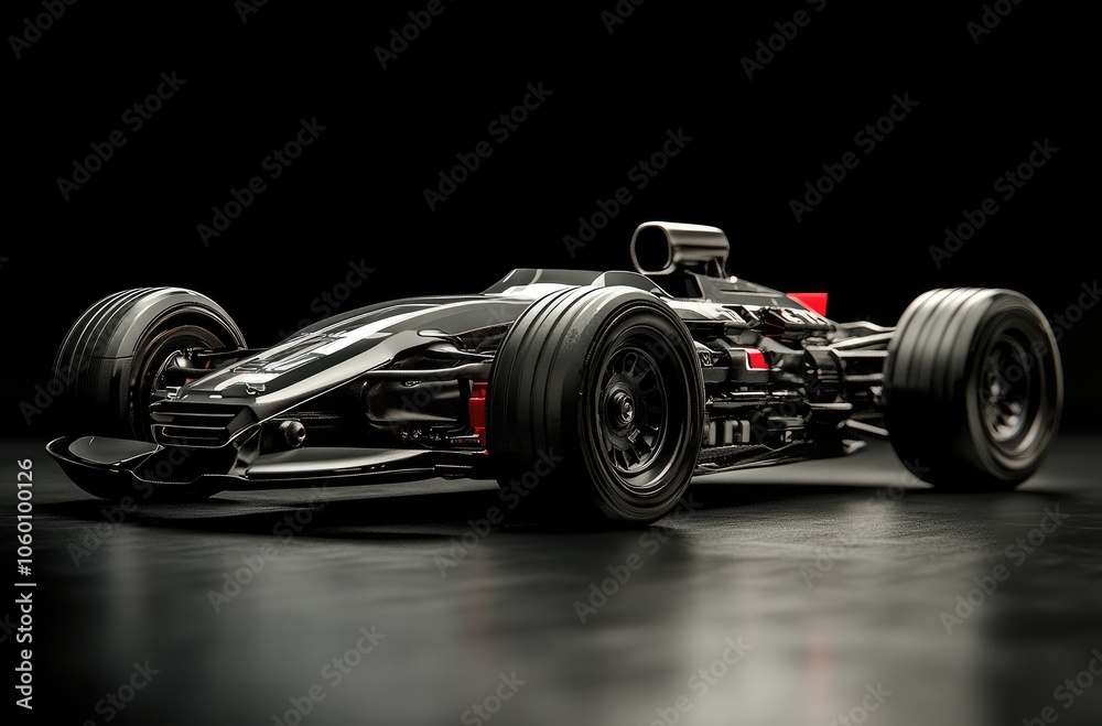 Fototapeta premium A sleek, black Formula One race car sits on a black surface. The car has a red accent on the front wing and a visible exhaust pipe.