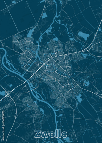 Map of Zwolle, Netherlands, rendered in a minimalist style. The map features a deep blue background with white lines representing roads and waterways.