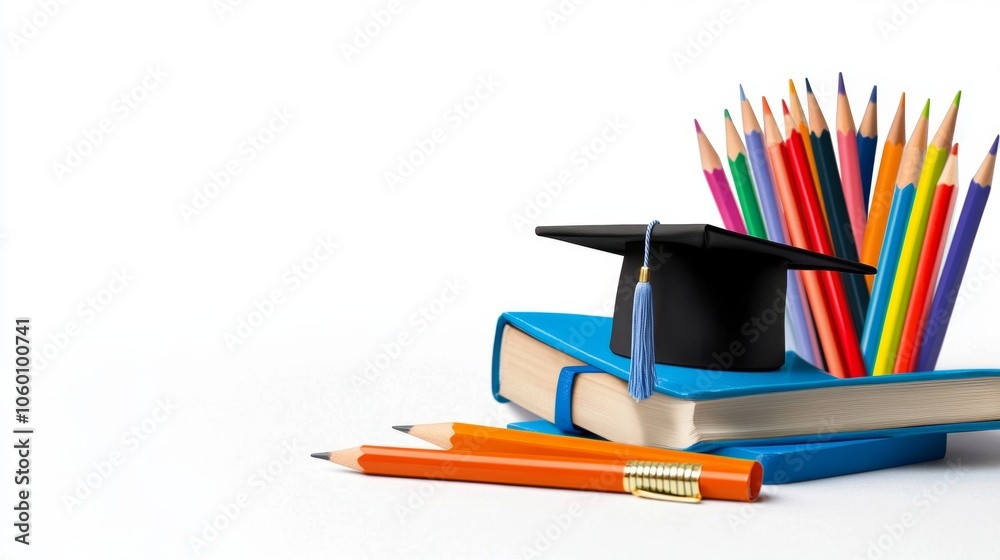 Fototapeta premium Graduation Cap Book Pencils Education Concept