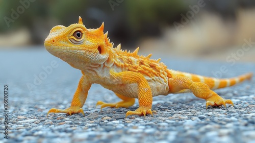 A close-up of a small, bright yellow lizard with spiky scales, walking across a gray asphalt path. photo