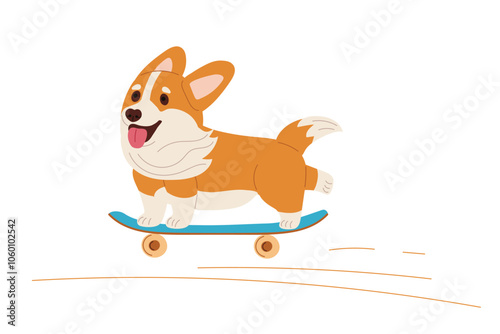 Funny funny corgi puppy is racing on skateboard. Thoroughbred dog isolated. Puppy character with cheerful face expression. Dog with fur fluttering in wind. Domestic animal. Flat vector illustration