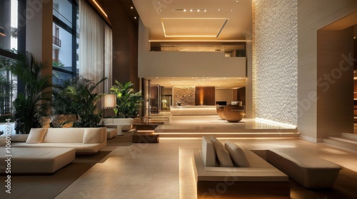 A modern hotel lobby with large windows, a high ceiling, and comfortable seating. The lobby is decorated with plants, a stone wall, and a wooden reception desk. photo