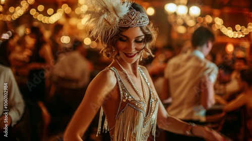 Elegant Woman in Flapper Dress Dancing at a 1920s Party photo