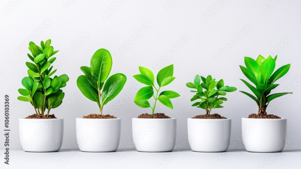 Fototapeta premium Five Green Plants in White Pots Against White Background