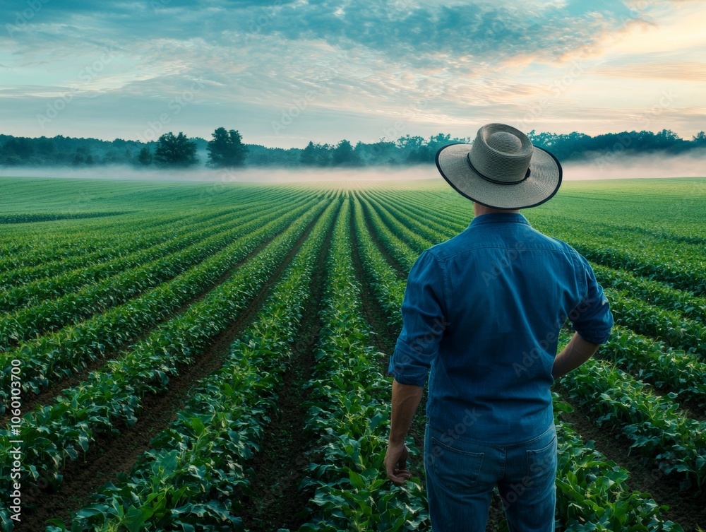 Fototapeta premium Farmer in Early Morning Light over Green Fields