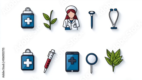 Medical Icons Set   Healthcare  Hospital  Doctor  Nurse  Stethoscope  First Aid Kit  Syrin photo