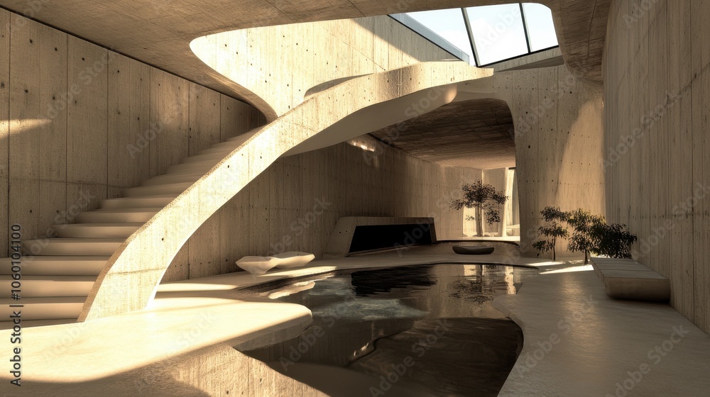 Fototapeta premium Modern minimalist interior with a curved staircase, a small pool of water, and a potted plant.