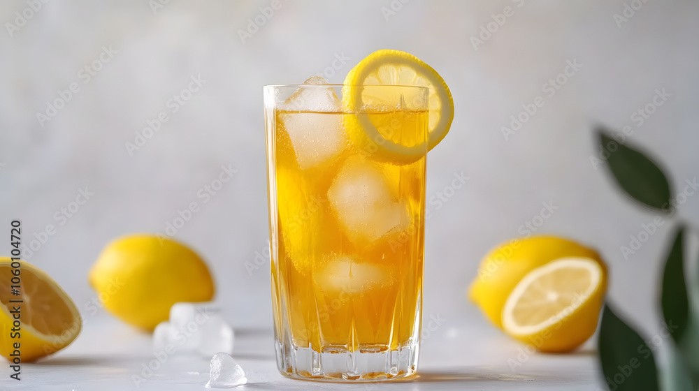 Fototapeta premium A refreshing glass of iced lemon tea with a slice of lemon, surrounded by lemons and ice cubes, perfect for a hot day.