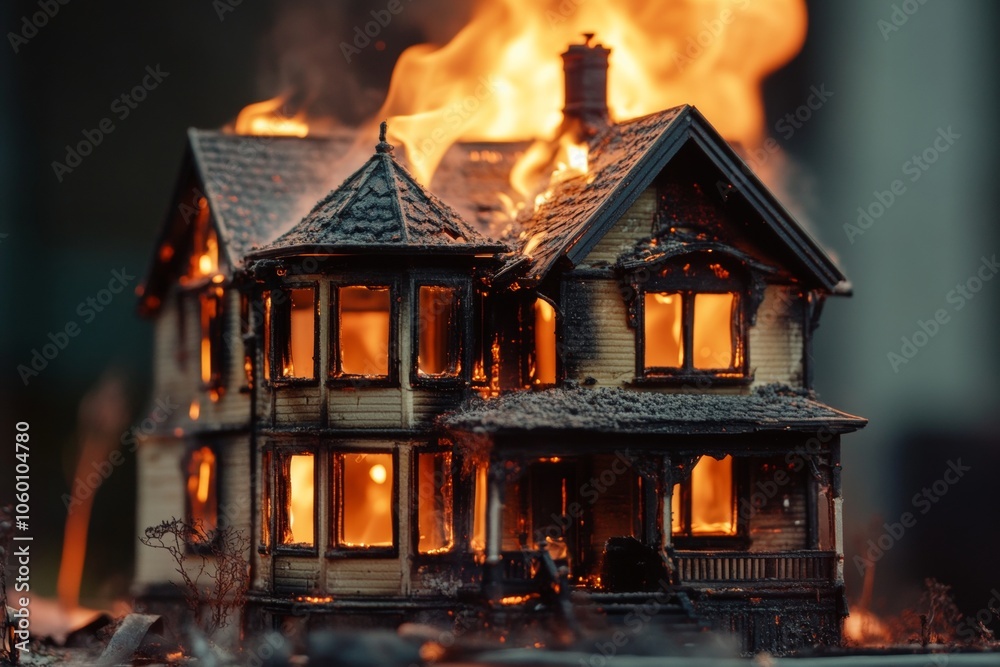 Obraz premium Model house engulfed in flames the importance of home property insurance explained