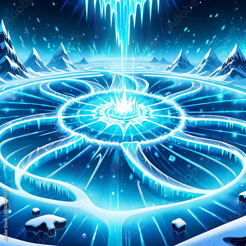 A swirling, icecovered circle in a snowy landscape with a glowing blue energy core and icy mountains in the background. Snowflakes drift in the air. photo