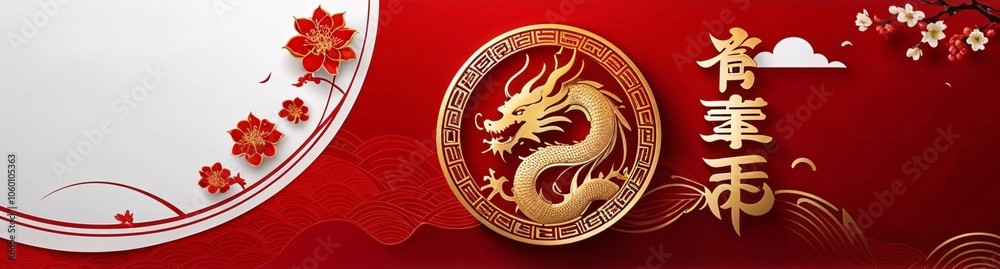 Fototapeta premium 2025 Chinese new year, year of the dragon banner template design with dragons, clouds and flowers background. Chinese translation: Dragon