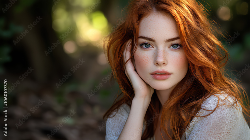 Naklejka premium Woman with red hair and blue eyes is sitting in the woods. She is wearing a white shirt and has her hands on her head