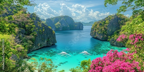 Tropical Lagoon with Cliffs, Boats, and Pink Flowers photo