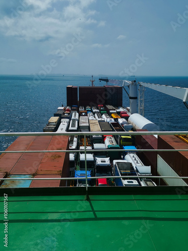 inside a big roro multipurpose ship moored in a harbour photo