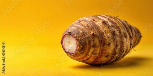 Closeup of taro root vegetable, eddo malanga, on a yellow background, Taro, Root vegetable, Eddo malanga photo