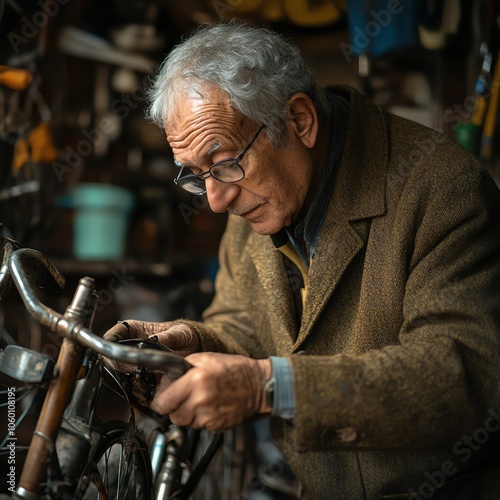 Senior man fixing an old bicycle in his garage, detailed and hands-on, International Day of Older Persons, hobbies, skill.