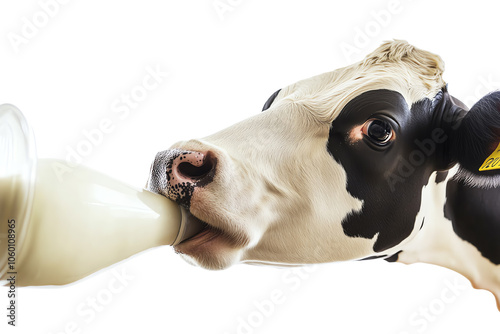 A cow drinking milk from a bottle, showcasing its gentle and curious nature against a white isolated background.