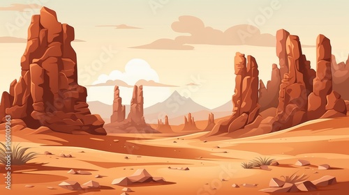 Expansive desert with striking rock formations and eroded structures under a clear blue sky
