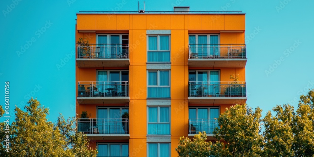 Fototapeta premium Orange Building with Multiple Balconies and Windows