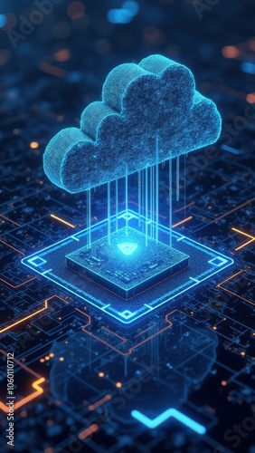 A digital cloud hovering above the microchip, with data streams connecting the cloud and the chip.