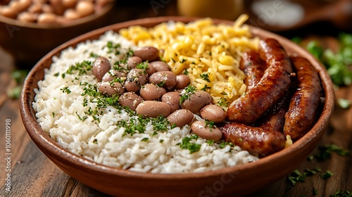 Baião de Dois traditional Brazilian food with rice, beans, sausage and rennet cheese front view. photo