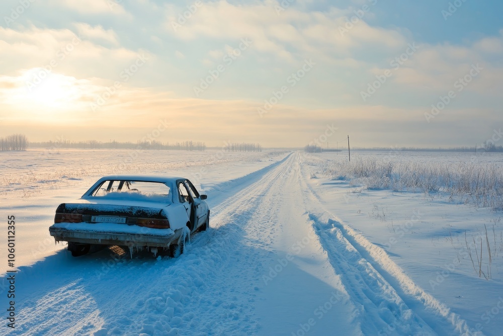 Winter scene abandoned vehicle trapped in snow on a frosty road during the cold season Winter scene abandoned vehicle trapped in snow on a frosty road during the cold season