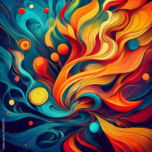 This illustration is an abstract work, characterized by an explosion of vibrant colors and flowing lines. The predominant tones are blue, orange, red and green, which mix dynamically, creating an effe photo